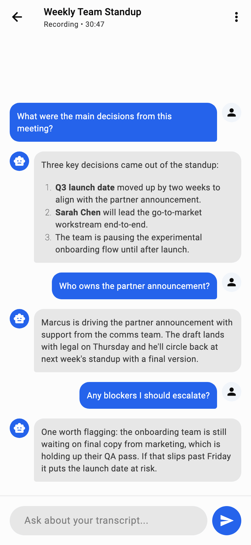 Chatting with a Voice Genie recording: asking about decisions, owners and blockers and getting grounded answers