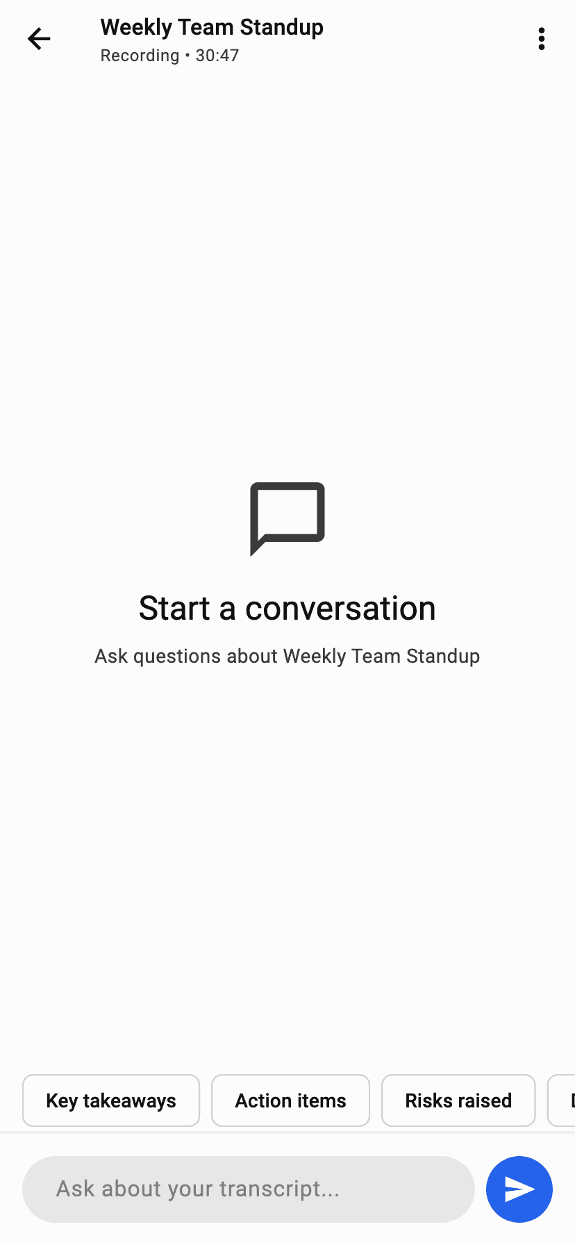 Chat screen with suggested-question chips above the message input