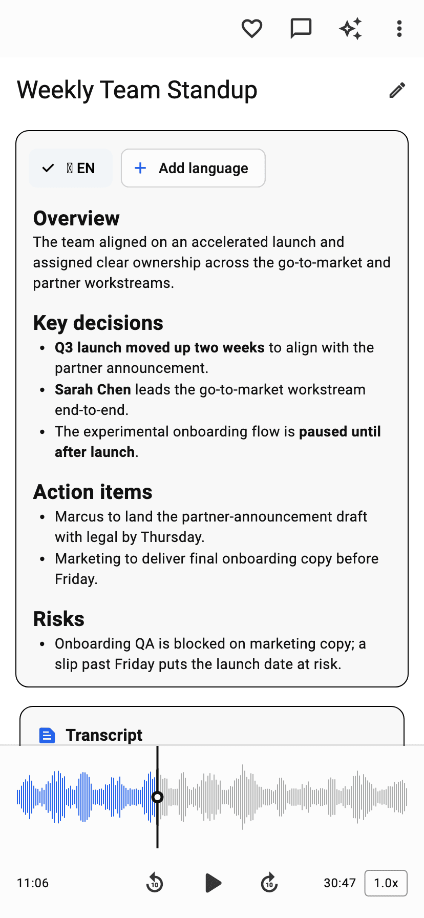 An AI summary with overview, key decisions, action items and risks