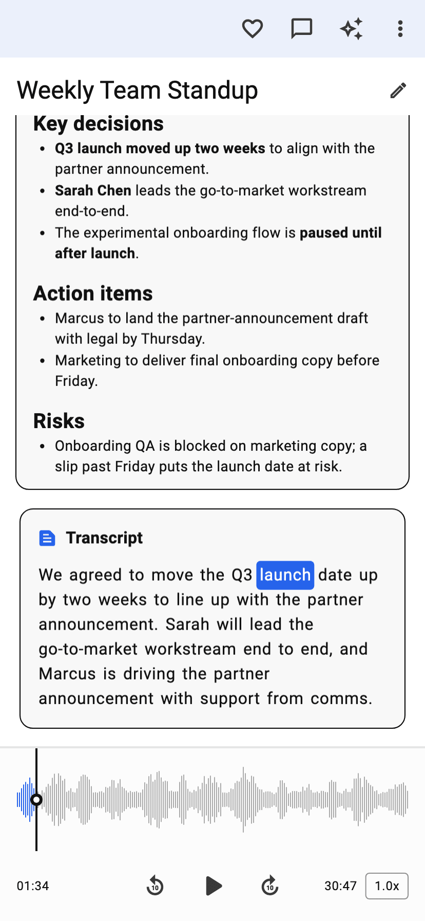 Transcript view with the currently-spoken word highlighted and a waveform scrubber